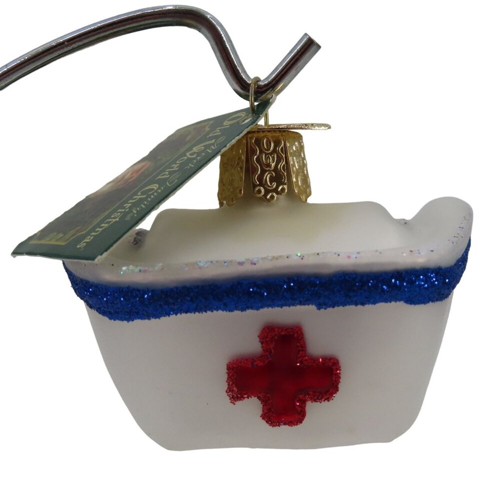 Old World Christmas Cross Nurses Cap Glitter Glass Ornament Holiday Xmas NEW OWC